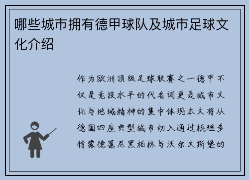 哪些城市拥有德甲球队及城市足球文化介绍